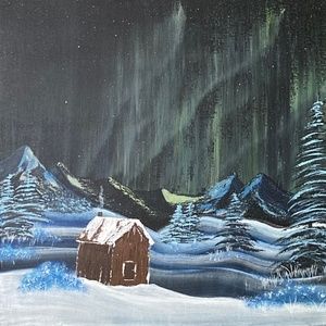 Cabin under The Northern Lights Acrylic Painting on 14X14” Canvas